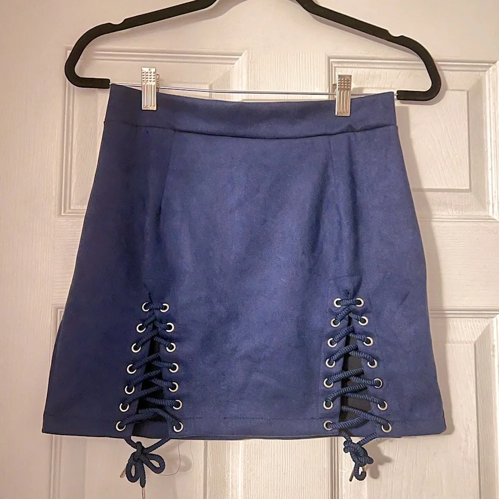 Navy microfiber lace up skirt - Picture 1 of 2